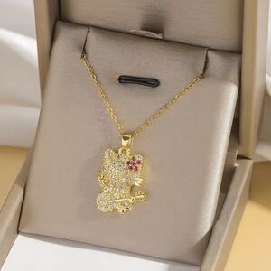 18K Gold Hello Kitty W/ Guitar & Peace Sign Pave Diamond Inlay Necklace Bohemian